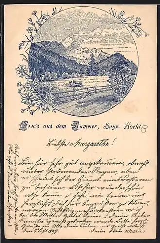 Künstler-AK Hammer / Fischbachau, Weidende Kühe vor Bergpanorama