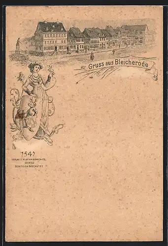 Lithographie Bleicherode, Strassenpartie und Wappen der Stadt