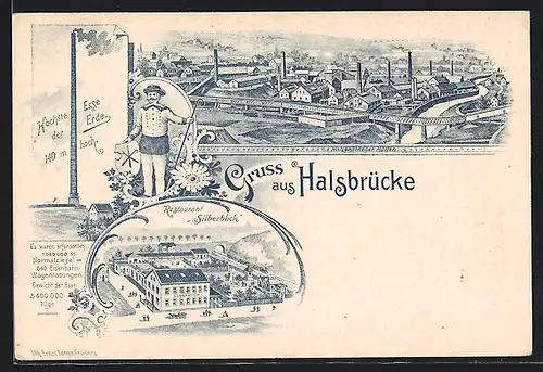 Lithographie Halsbrücke, Blick auf die Halsbrücker Hütten, Restaurant Silberblick
