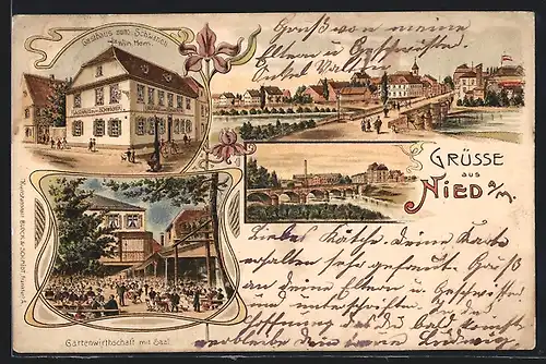 Lithographie Frankfurt-Nied, Gartenwirtschaft mit Saal, Gasthaus zum Schwanen, Ortsansicht mit Main-Brücke