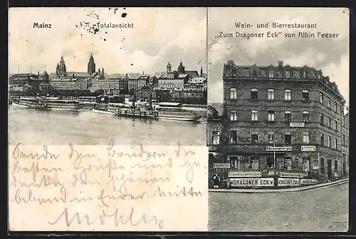 AK Mainz, Wein- und Bierrestaurant Zum Dragoner Eck, Ortsansicht mit Dampfer
