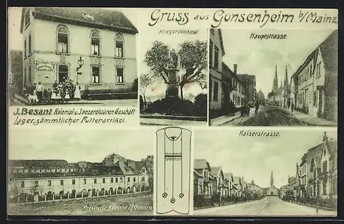 AK Gonsenheim, Kolonialwarengeschäft J. Besant, Kaiserstrasse, Artillerie-Kaserne