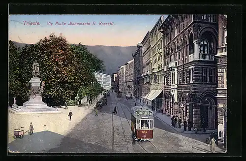 AK Trieste, Via Giulia e Monumento D. Rossetti, Strassenbahn