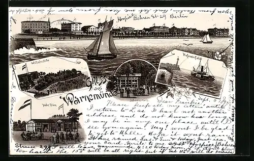 Lithographie Warnemünde, Gasthaus Wilhelmshöhe, Gasthaus Schweizerhaus, Gasthaus Hohe Düne