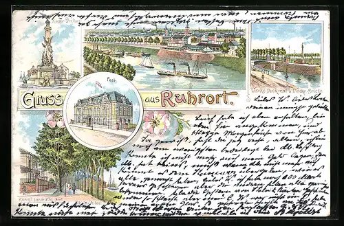 Lithographie Ruhrort, Königliches Landrats-Amt an der Rhein-Allee, Post, Kaiser-Denkmal