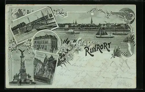 Lithographie Ruhrort, Postamt, Kriegerdenkmal, Kaiserdenkmal
