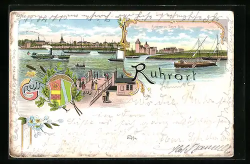 Lithographie Ruhrort, Uferpartie 1660 und jetzt, Wappen