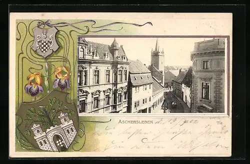 Passepartout-Lithographie Aschersleben, Strassenpartie mit Passanten, Wappen