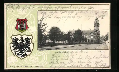 Passepartout-Lithographie Aschersleben, Strasse zur Post, Wappen