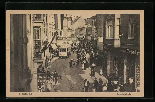 AK Siegburg, belebte Bahnhofstrasse, Strassenbahn
