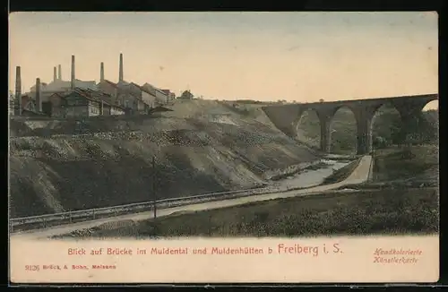 AK Freiberg, Blick auf Brücke im Muldental & Muldenhütten