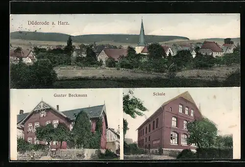 AK Düderode a. Harz, Geschäft Gustav Beckmann, Schule, Ortsansicht