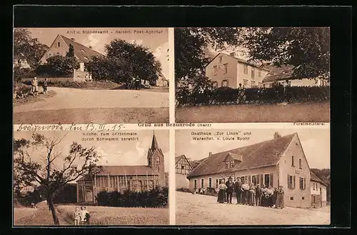 AK Bräunrode /Harz, Gasthaus Zur Linde, Amt u. Standesamt, zerstörte Kirche