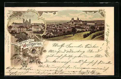 Lithographie Weingarten, Ortsansicht mit Klosterkirche und Kaserne