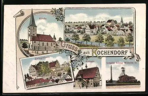 Lithographie Kochendorf, Schacht König Wilhelm II., Kirche und Zwingenberg