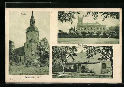 AK Petershain, Blick auf Schloss, Kirche, Alte Schule