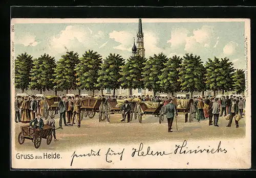 Lithographie Heide, Marktplatz mit Kirchturm und Karren von Händlern