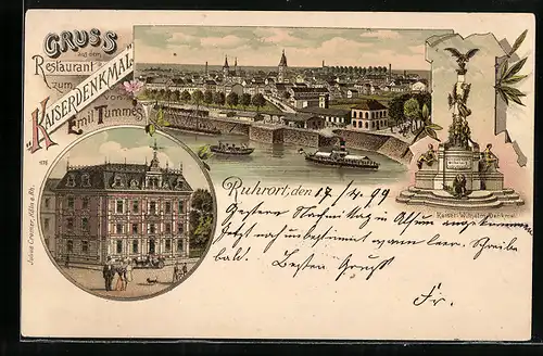 Lithographie Ruhrort, Restaurant zum Kaiserdenkmal, Dampfer vor der Stadt