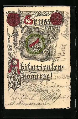 Künstler-AK Hildesheim, Abiturientenkomerse 1907, Mütze mit Lorbeerkranz