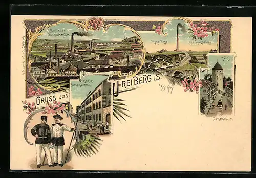 Lithographie Freiberg i. S., Muldener Schmelzhütte, Hohe Esse bei Halsbrücke, Königl. Bergakademie