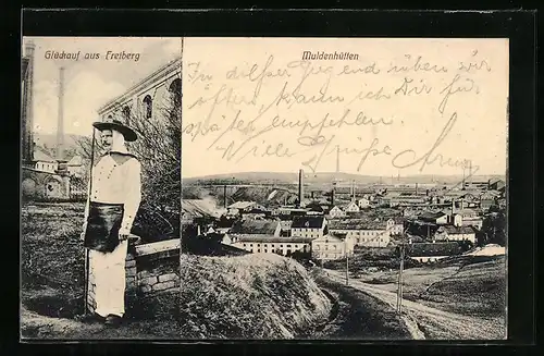 AK Freiberg, Muldenhütten aus der Vogelschau, Bergmann