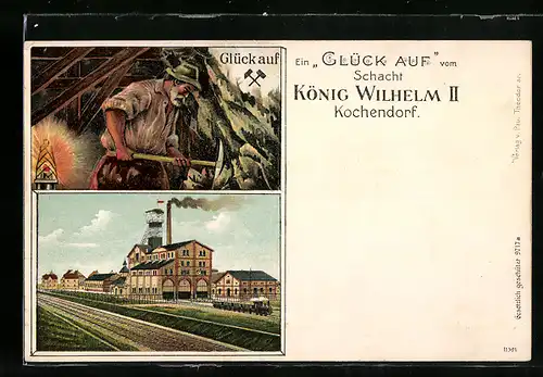 Präge-Künstler-AK Kochendorf, Salzbergwerk, Schacht König Wilhelm II. mit Eisenbahn, Bergarbeiter mit Hacke