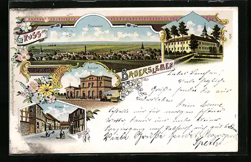 Lithographie Badersleben, Ackerbauschule, Bahnhof, Strasse