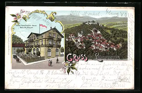 Lithographie Lindenfels i. O., Hotel Hessisches-Haus, Teilansicht