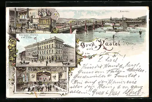 Lithographie Kastel / Rhein, Bahnhof-Hotel von F. W. Linke, Dampfer an der Brücke