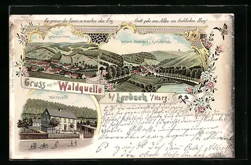 Lithographie Lerbach i. Harz, Gasthaus zur Waldquelle, Lerbacher Hütte, Unterdorf u. Kukholzklippe