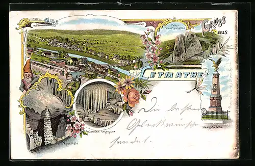 Lithographie Letmathe, Krieger-Denkmal, Orgelgrotte in der Dechenhöhle