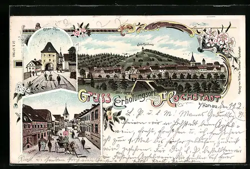 Lithographie Hochstadt, Ortsansicht mit Schützenhaus, Ober-Thor, Strassenpartie