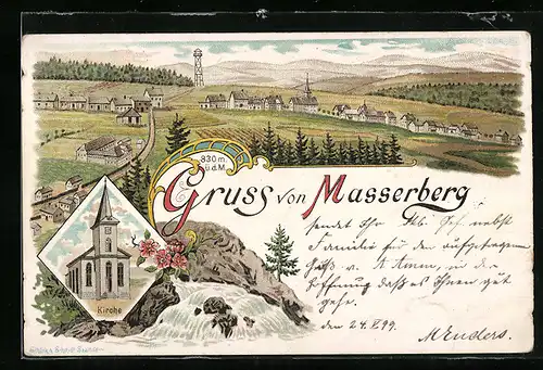 Lithographie Masserberg, Teilansicht mit Aussichtsturm, Kirche, Wasserfall