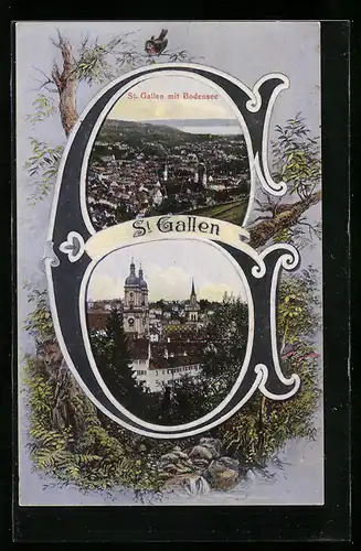 AK St. Gallen, Teilansicht mit Kirche, Panorama mit Bodensee, Buchstabe G