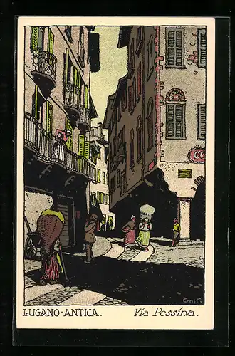 Künstler-AK Lugano, Via Pessina, Lugano-Antica