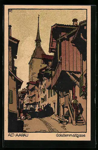 Steindruck-AK Alt-Aarau, Golattenmattgasse mit Blick zur Kirche