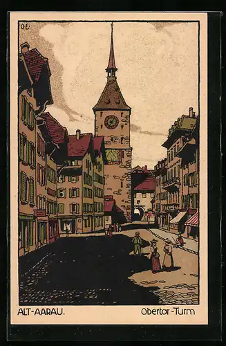 Steindruck-AK Alt-Aarau, Strassenpartie am Obertor-Turm