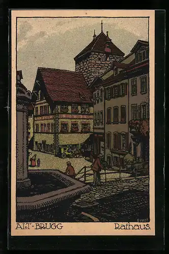 Steindruck-AK Alt-Brugg, Blick zum Rathaus