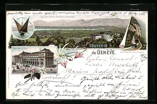 Lithographie Geneve, Nouvel hôtel des postes, lac Léman, chemin de fer électrique du Mont Salève, Segelboot