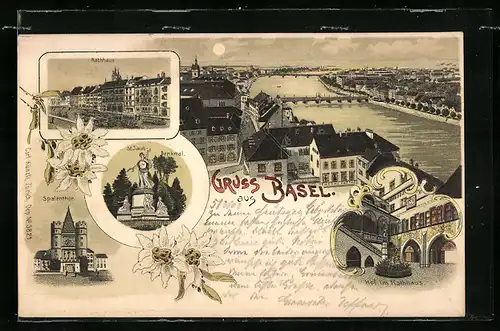 Lithographie Basel, Rathhaus, Spalentor, St. Jacob-Denkmal, Fluss