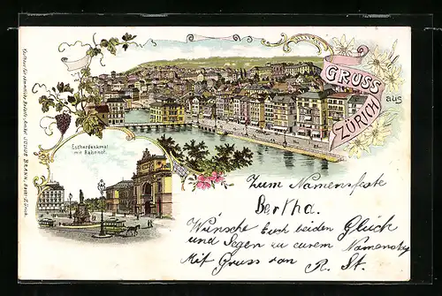 Lithographie Zürich, Escherdenkmal mit Bahnhof, Flusspartie aus der Vogelschau