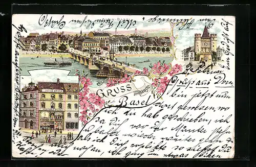 Lithographie Basel, Strassenpartie mit Julius Brann Geschäftshaus, Dampfer an der Brücke