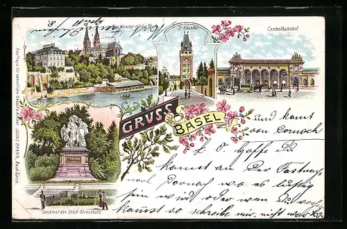 Lithographie Basel, Das Münster mit der Pfalz, Centralbahnhof, Denkmal der Stadt Strassburg
