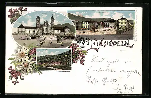 Lithographie Einsiedeln, Hauptplatz, Kloster, Frauenkloster