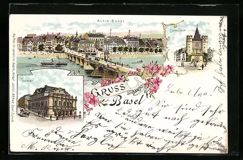 Lithographie Basel, Klein-Basel mit Brücke und Dampfern, Theater, Spalen-Thor