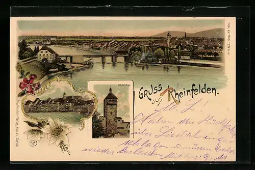 Lithographie Rheinfelden, Teilansicht mit Brücke, Obertor, Uferpartie