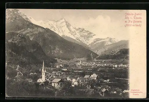 AK Sils, Ortsansicht mit Blick auf Thusis und den Piz Beverin