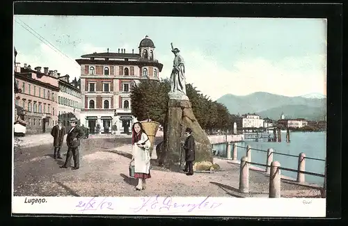AK Lugano, Partie am Quai mit Denkmal