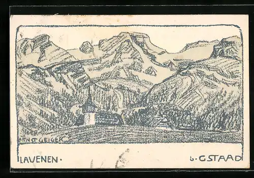 Künstler-AK Lauenen b. Gstaad, Ortsansicht mit Kirche