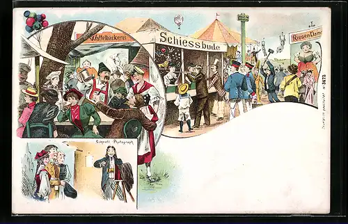 Lithographie Gruss vom Volksfest, Besucher vor Schiessbude, Waffelbäckerei, Riesendame und Schnell-Photograph